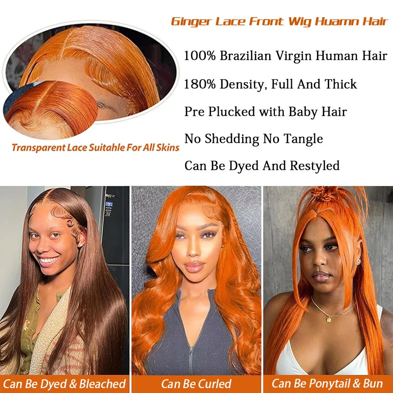 Orange Ginger Bone Straight 13×4 Lace Front Human Hair Wigs Transparent Lace