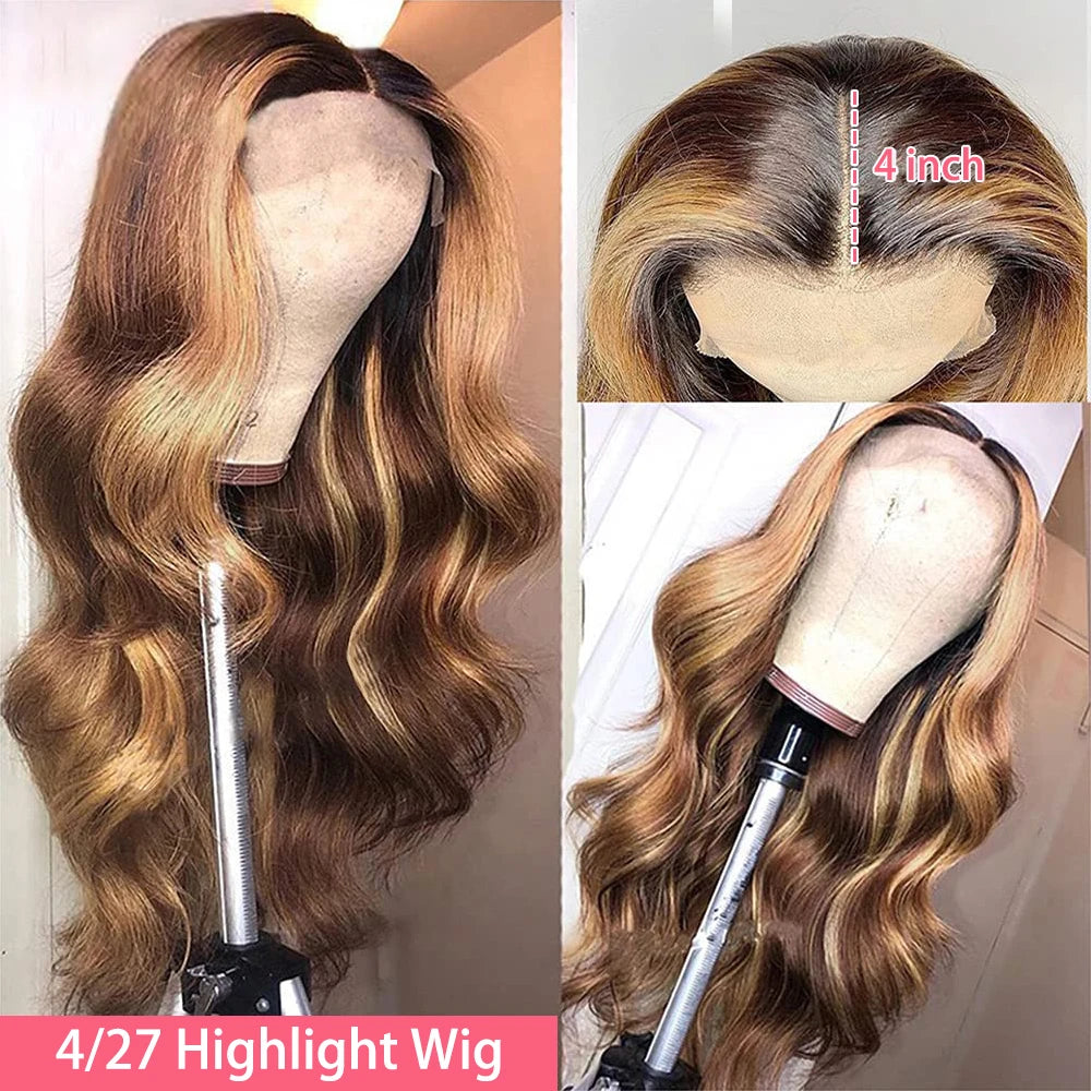 Highlight 4/27 Colored 180 Density Transparent Lace 13x4  Body Wave Lace Front Human Hair Wigs Pre Plucked