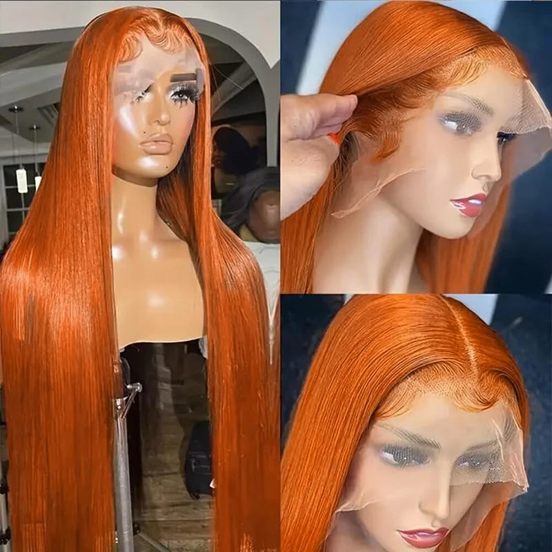Orange Ginger Bone Straight 13×4 Lace Front Human Hair Wigs Transparent Lace