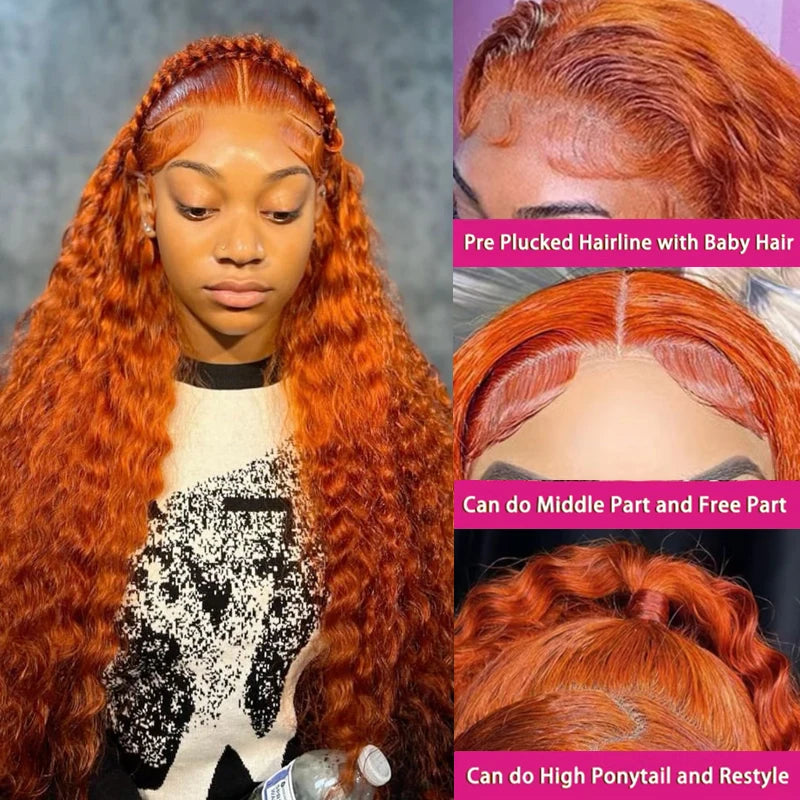 Water Wave 360 Lace Human Hair Wigs #350 Orange Colored Wigs