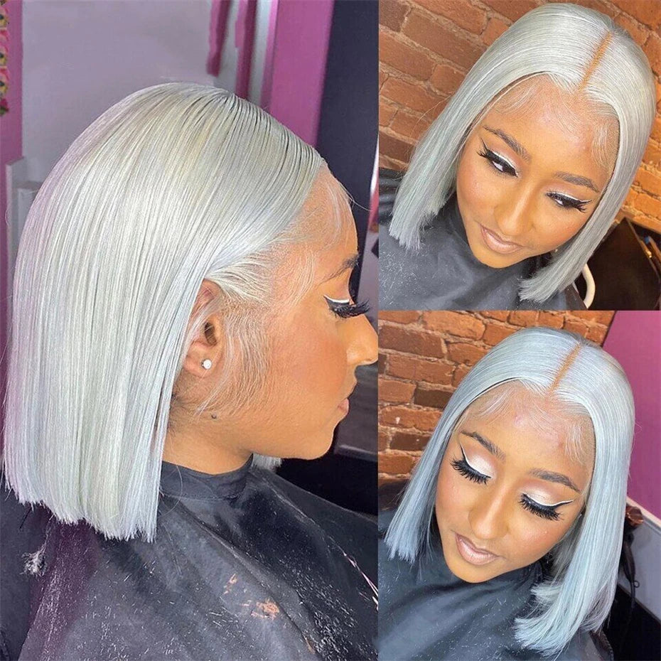 Short Bob Human Hair 13x4 Transparent Lace Front Wig Grey Colored Wigs Bleached Knots