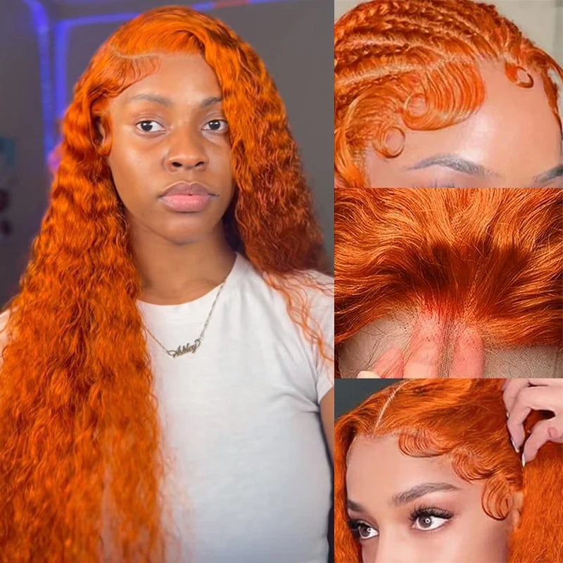 Water Wave 360 Lace Human Hair Wigs #350 Orange Colored Wigs