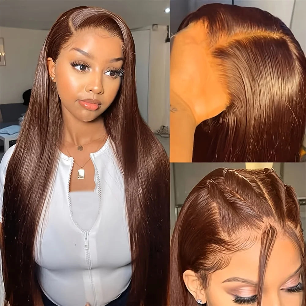 Colored #4 Brown High Density Transparent Lace Straight 360 Lace Human Hair Wigs