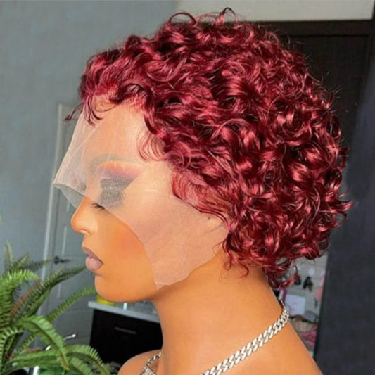 Pixie Cut Wig 99J Color 13x4 Transparent Lace Front Human Hair Wig