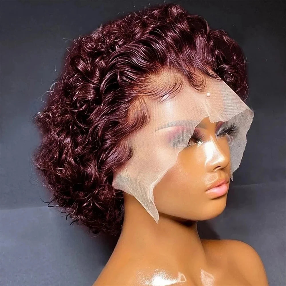 Pixie Cut Wig 99J Color 13x4 Transparent Lace Front Human Hair Wig