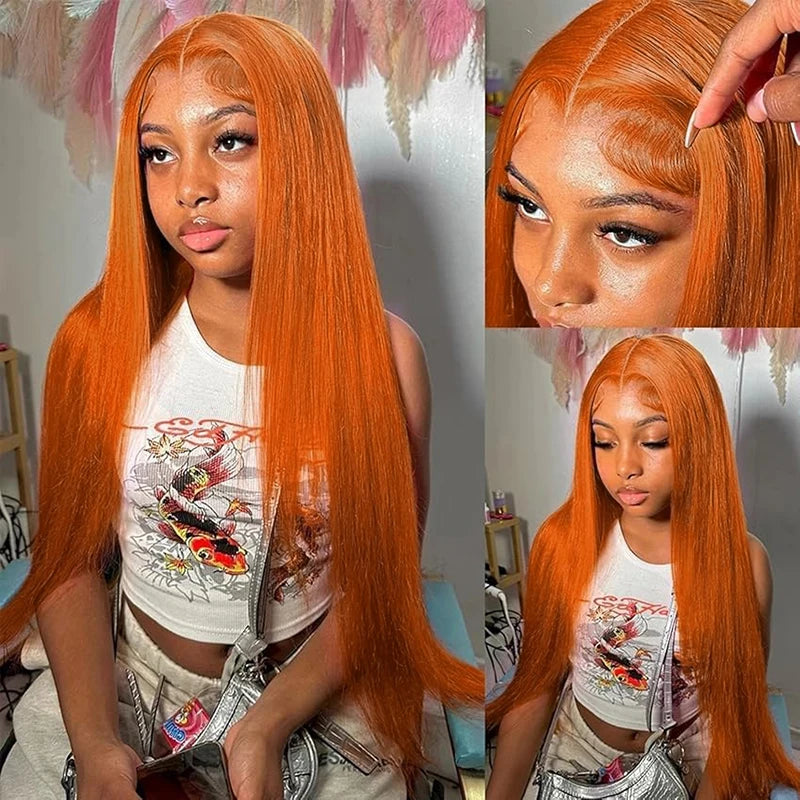 Orange Ginger Bone Straight 13×4 Lace Front Human Hair Wigs Transparent Lace