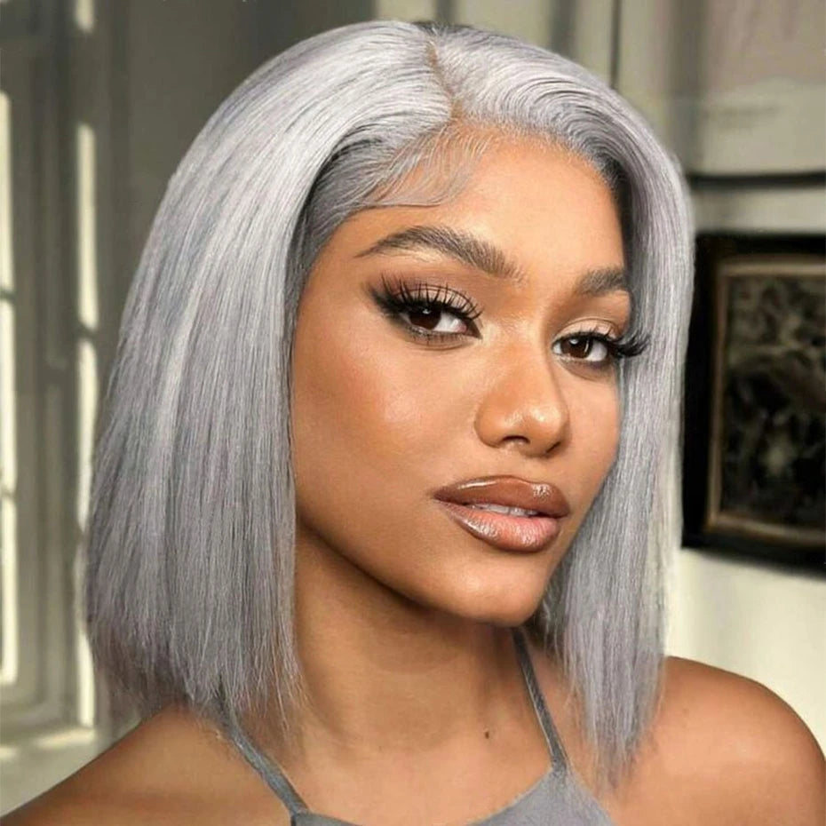 Short Bob Human Hair 13x4 Transparent Lace Front Wig Grey Colored Wigs Bleached Knots